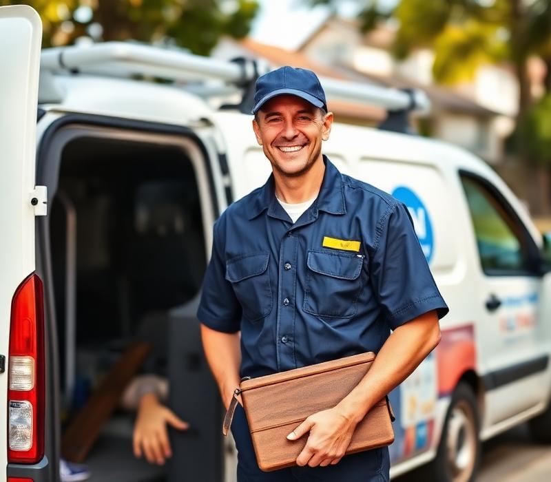Jesse Wilson, qualified plumber, standing by his work van in a Sydney suburb