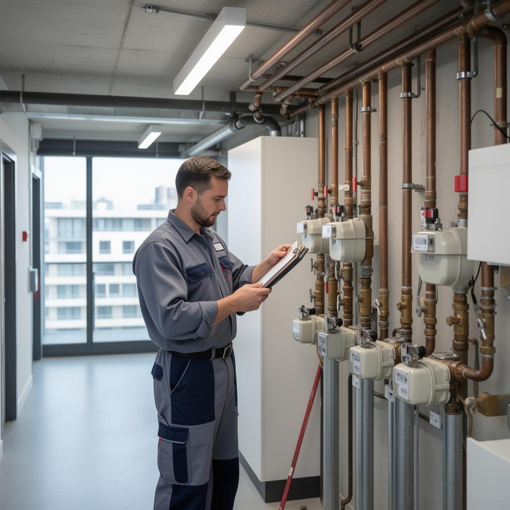 Plumber performing maintenance inspection in an apartment building utility room