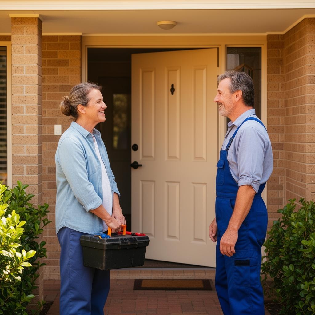 Plumber greeting a homeowner at the front door of a suburban home